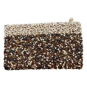 Vintage Textured Beaded Zipper ID Money Wallet Coin Purse Brown white iridescent